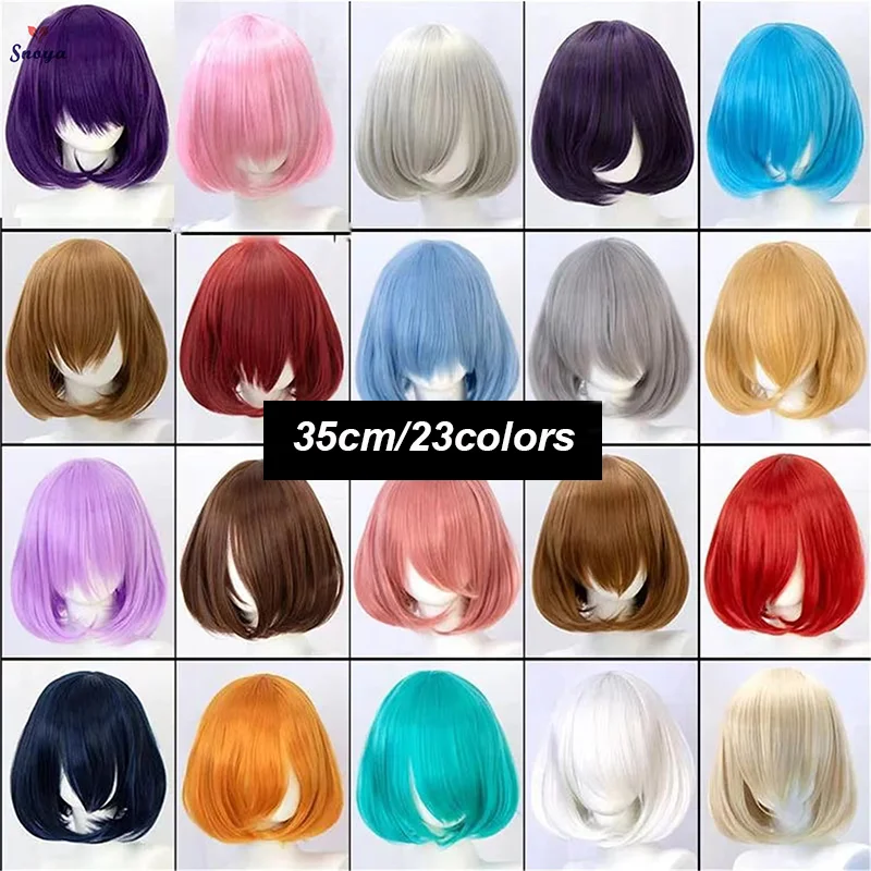 Snoya 35cm syntetyczne krótkie proste włosy typu bob z przycinaną grzywką Lolita różowe zielone blond czerwone peruki cosplay dla kobiet + czapka z peruką