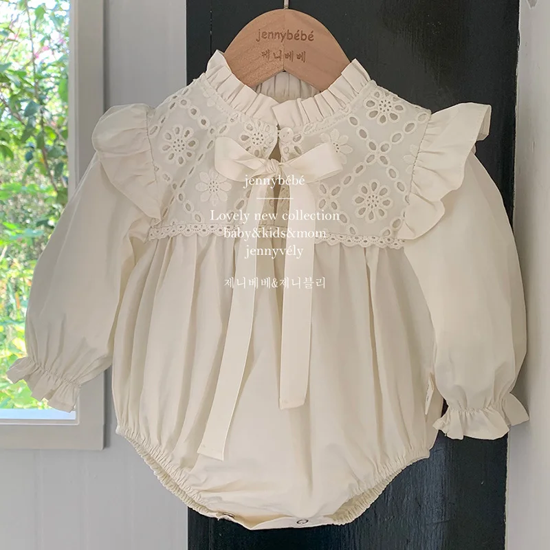 Ropa para niños de 0 a 24 meses, traje de escalada de estilo coreano, pelele de manga larga con empalme de encaje de algodón para niña pequeña, novedad de Primavera de 2024