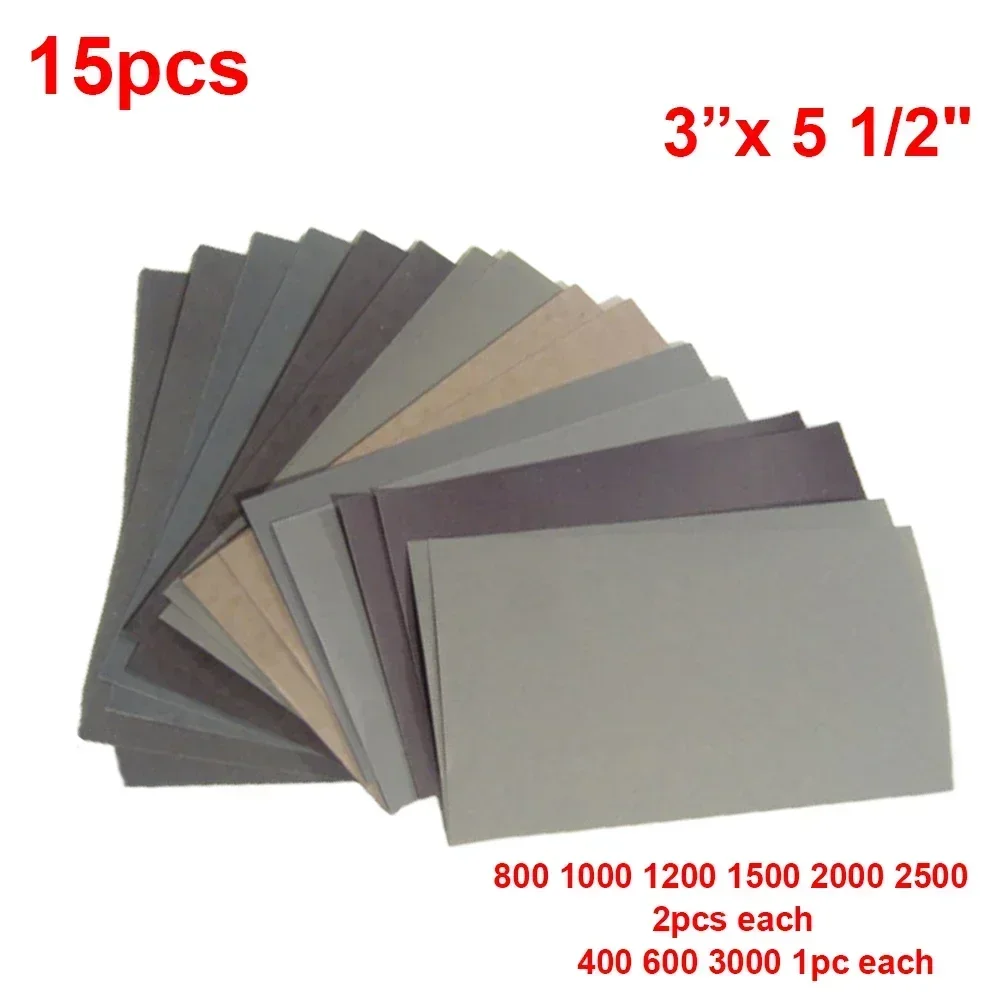 15 unids/set papel de lija 400 600 3000 800 1000 1200 1500 2000 2500 papel de lija de grano herramientas abrasivas de papel de lija en agua/seca