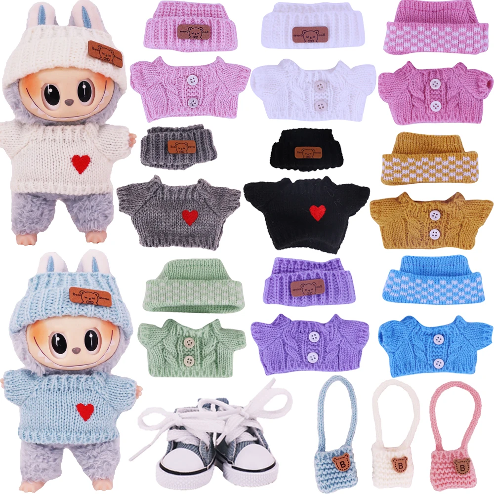 Puppenpullover + Wollmütze für Labubu 17 cm Plüschpuppenkleidung Zubehör Mädchenspielzeug Geburtstags- und Weihnachtsgeschenk