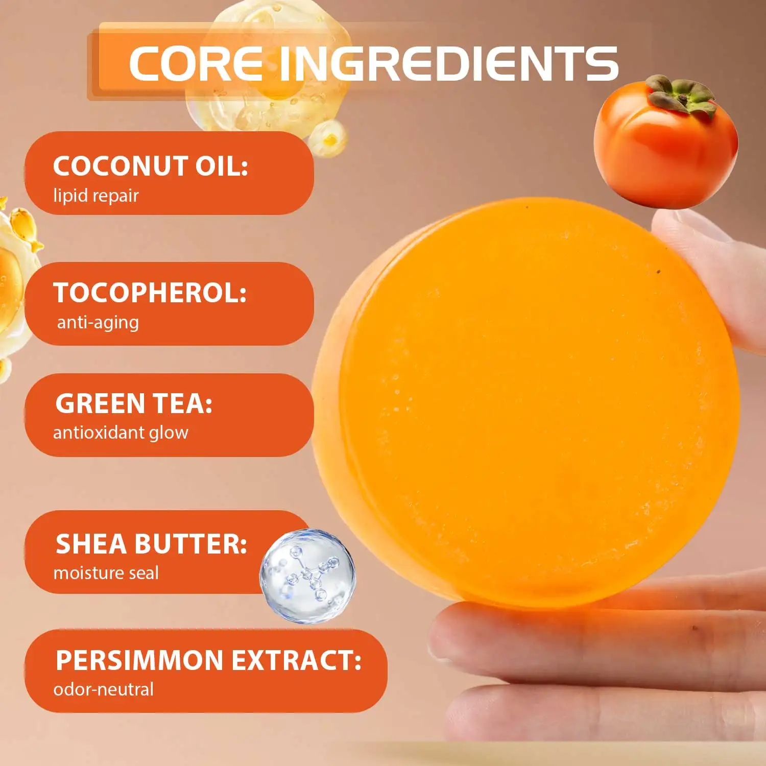 Persimmon Soap Bar for Body Odor Persimmon and Green Tea Extract For Men & Women Gentle on All Skin Types Natural Body Odor Soap