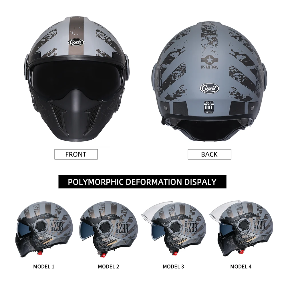 Casco Para Motos Casco de motocicleta de cara abierta para hombre y mujer, protector de cabeza Modular de doble lente, aprobado por DOT ECE, CYRIL OP12A, Retro