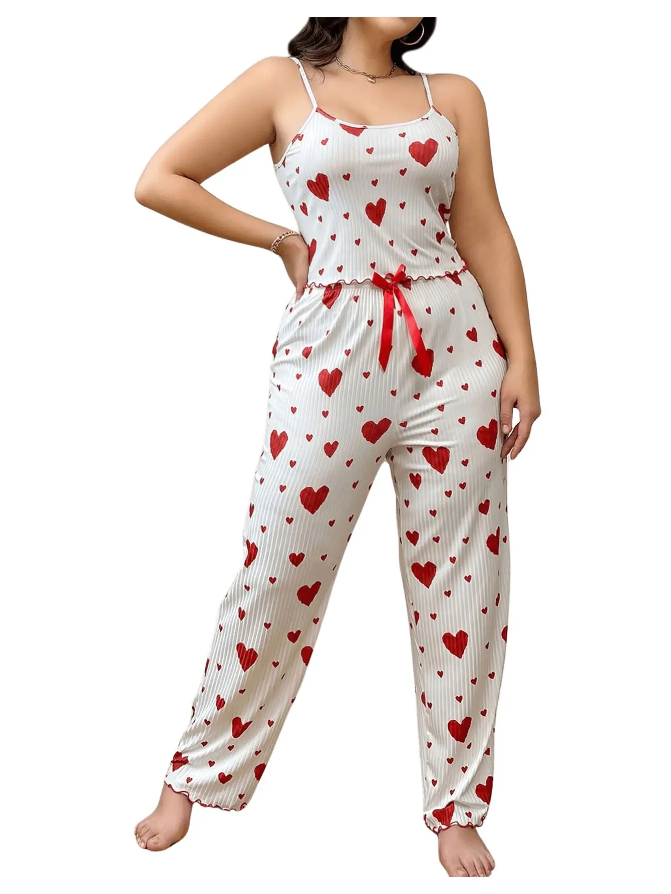Conjunto de pijamas femininos plus size, 2 peças, colete sem mangas e calças, branco, macio, respirável, roupa de dormir casual, estampa de coração vermelho