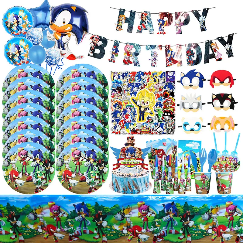 Decoraciones de fiesta de cumpleaños de erizo, vajilla de dibujos animados, suministros, vasos de papel, platos, mantel, telón de fondo, globos, regalos de recuerdo para niños