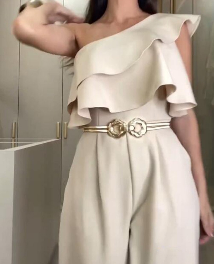 Macacão de perna larga sem cinto, um ombro, bainha de babados, casual, liso, sem mangas, diário, longo, moda verão, 2024