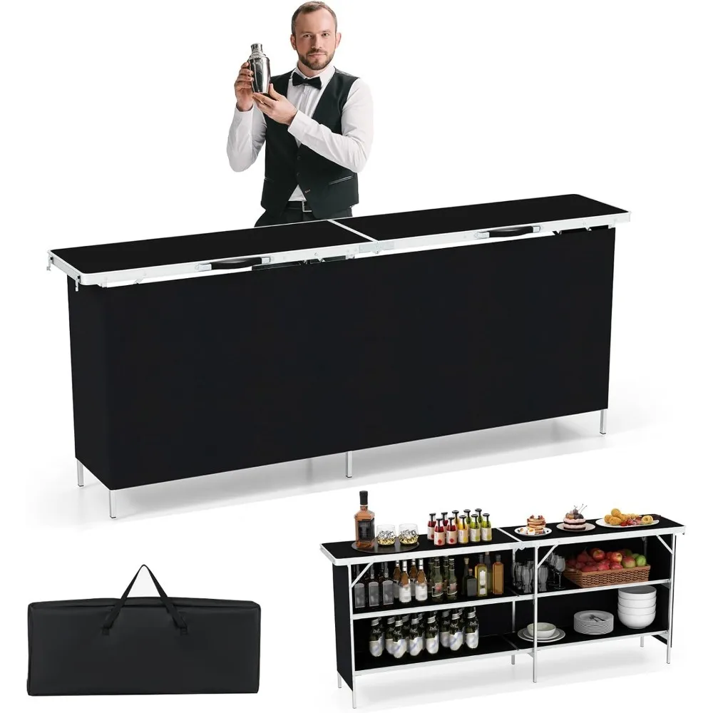 81 inch ultra long portable bar table with double-layer storage rack and foldable mobile cocktail table with detachable skirt