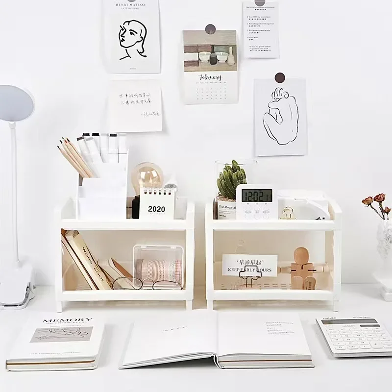 1PC PP Desktop Double Layer Storage Rack Rectangular White Organizing Student Desk Office Cosmetics Stationery