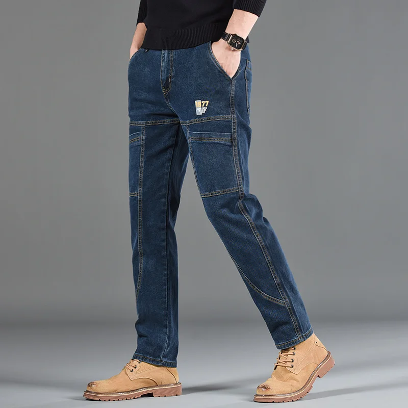 Pantalones vaqueros con seis bolsillos y estampado de moda, estilo de corte recto pequeño, ropa informal y cómoda para hombre
