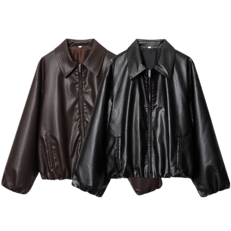 Jaqueta Fena de Couro Sintético com Gola Piloto Solta, Nova Coleção Outono 2025, Moda Casual e E para Mulheres