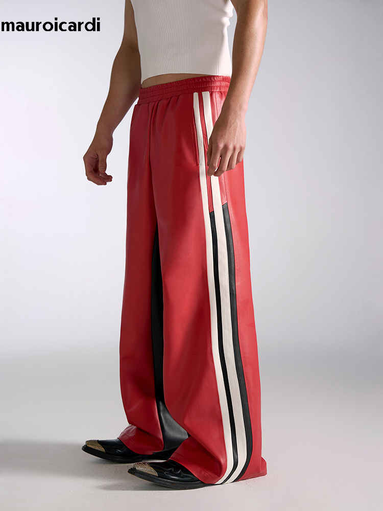 Mauroicardi Frühling Herbst Lange Lose Beiläufige Baggy Farbe Block Pu Leder Hosen Männer Elastische Taille Breite Bein Hosen Streetwear