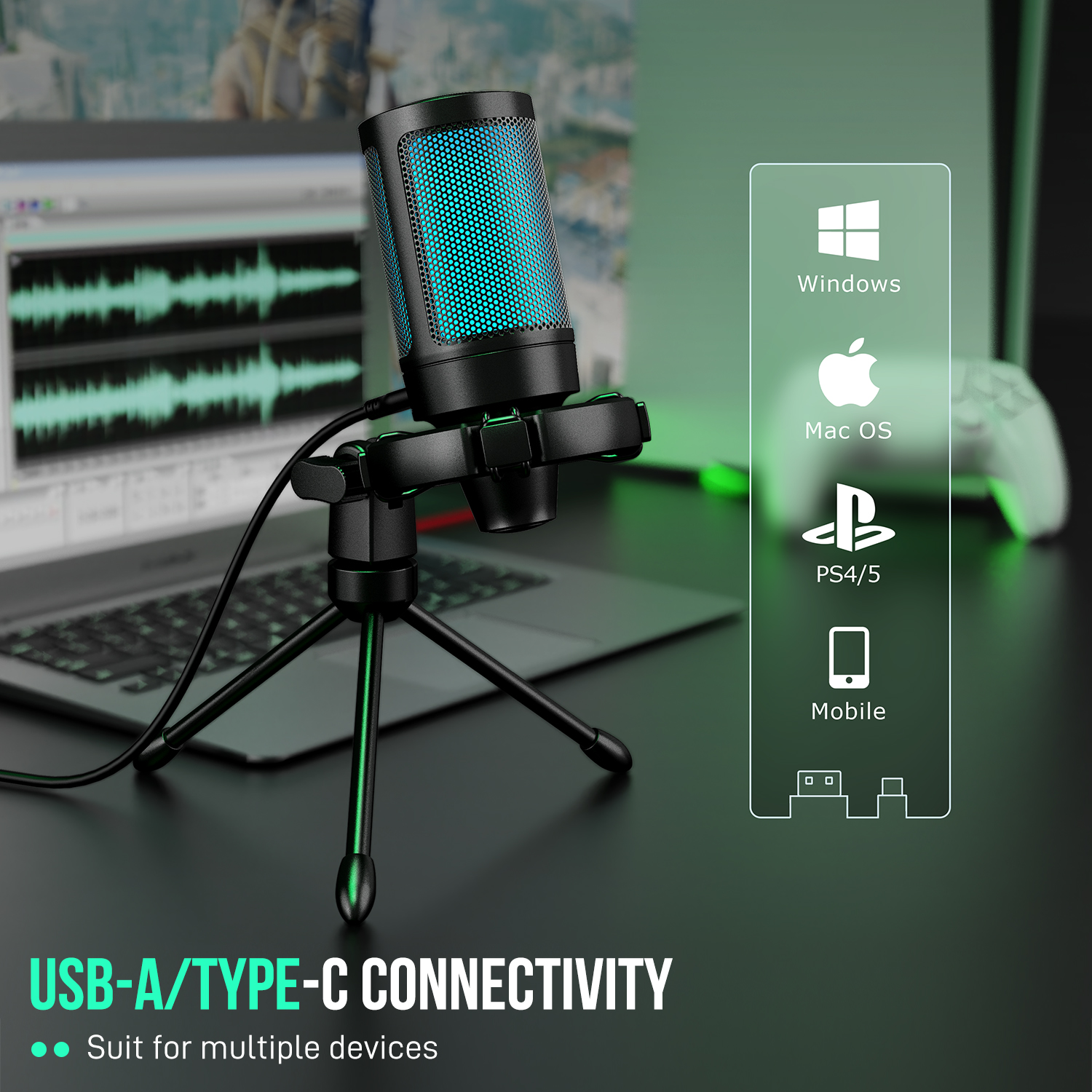 AmpliGame by FIFINE RGB-USB-Gaming-Mikrofon mit Licht-Touch-Stummschaltung, Kondensatormikrofon mit Stativ für PC, PS4/5, Laptop-Streaming-A2