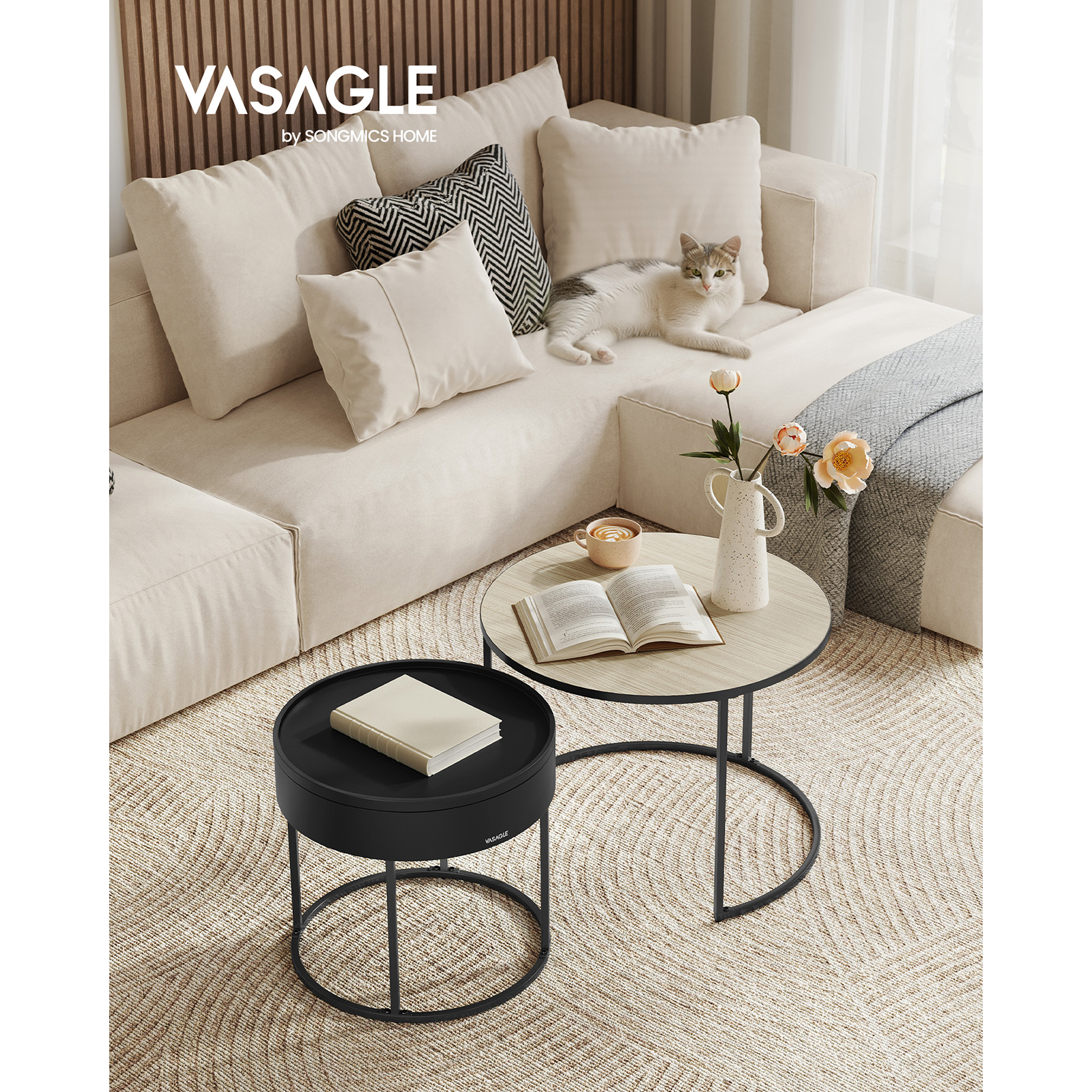 VASAGLE Coffee Tables, Set of 2 Round Side Tables, Nesting Tables, Modern Style, Hidden Storage and Top Tray