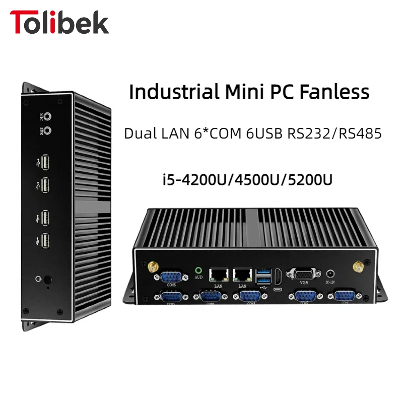 Industrieller Mini-PC, lüfterlos, Dual-LAN, 6 x COM-RS232, unterstützt 1 x RS485, Intel i7-5500U, Celeron J1900, SIM-Steckplatz, Mini-PCIe, Windows Linux