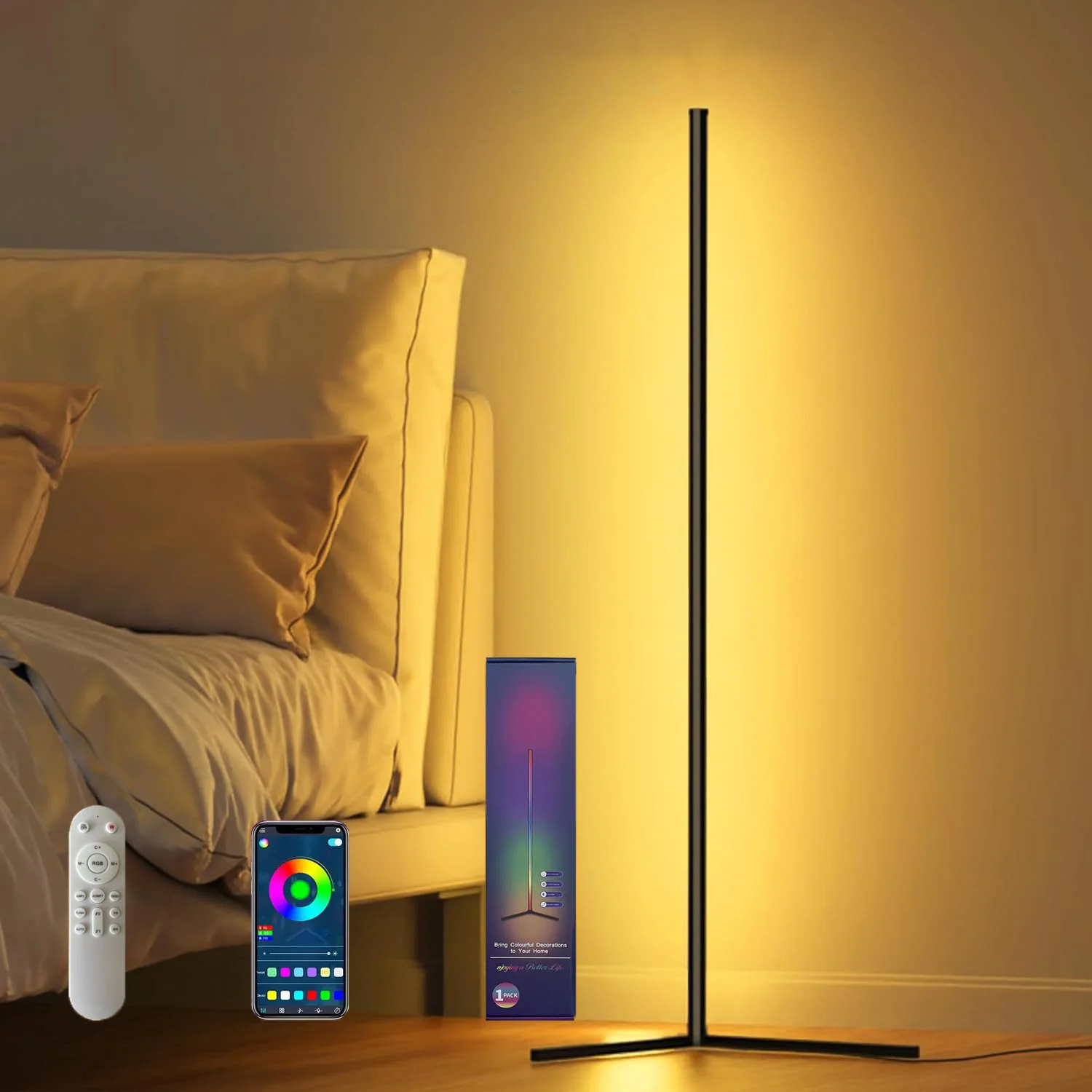 Lampada da terra a LED RGB, lampada ad angolo a LED Funziona con lampada da terra moderna e intelligente con sincronizzazione musicale e lampada da terra da 16 milioni di colori fai-da-te