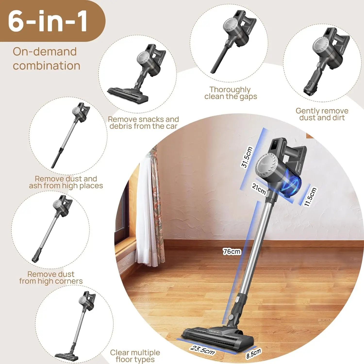DayPlus Cordless Stick Handheld Vacuum Cleaner,15000PA 6 in 1 with LED Light+2 HEPA Filters+2000mAh 6-Cells Battery,Pet,Crevice
