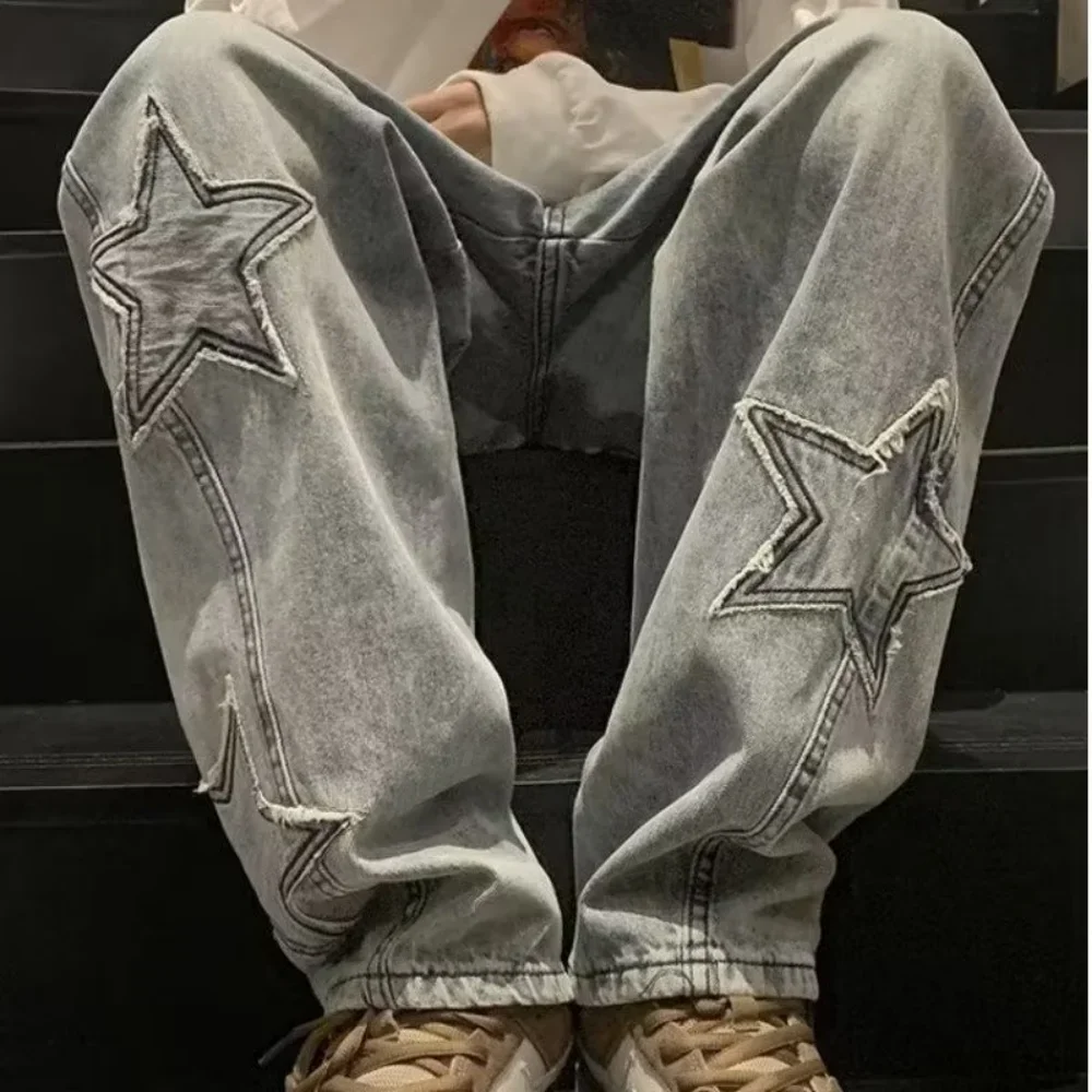 Pantalones vaqueros rectos informales con bordado de estrellas para hombre, estilo gótico neutro, pierna ancha, ropa informal estilo Hip-hop, pantalones vaqueros Y2K para hombre