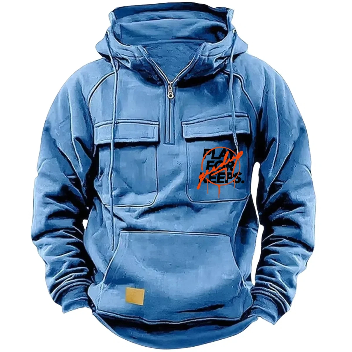Moletom com capuz tático com meio zíper masculino, moletom estilo workwear de lã quente de cor sólida, jaqueta com capuz com vários bolsos masculinos