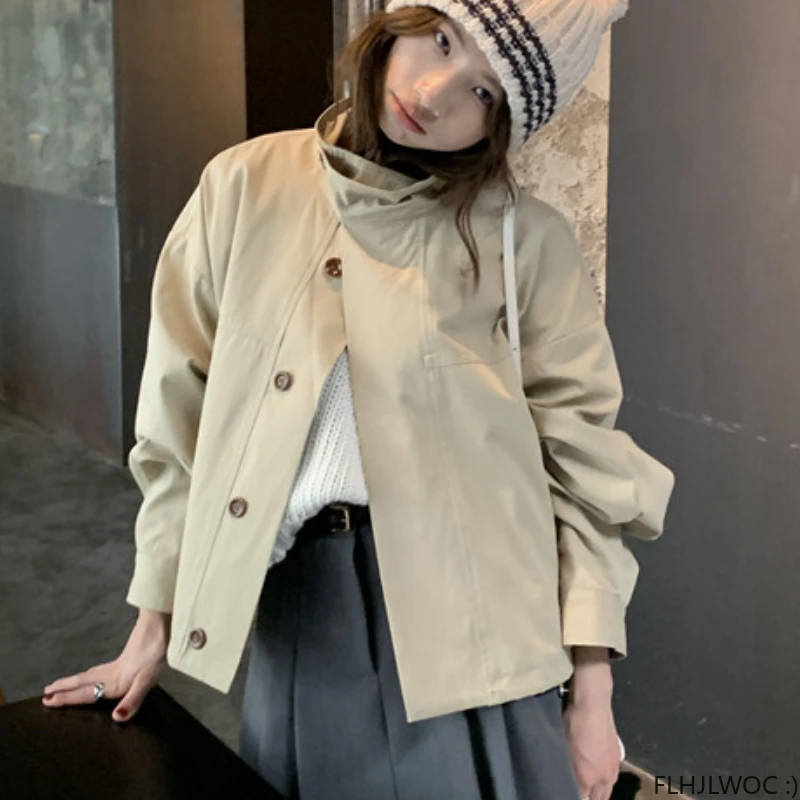 Casacos de blusão de algodão fino para mulheres, outerwear curto, blusão casual solto, manga comprida preguiçosa chique, Coréia