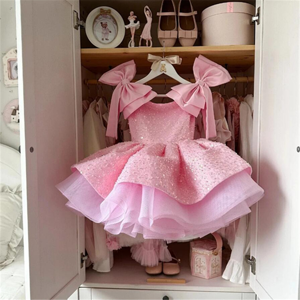 Customized Pink Flower Girl Dresses For Wedding Sequins With Bow Knee Length Cute Princess Birthday Party First Communion Gown