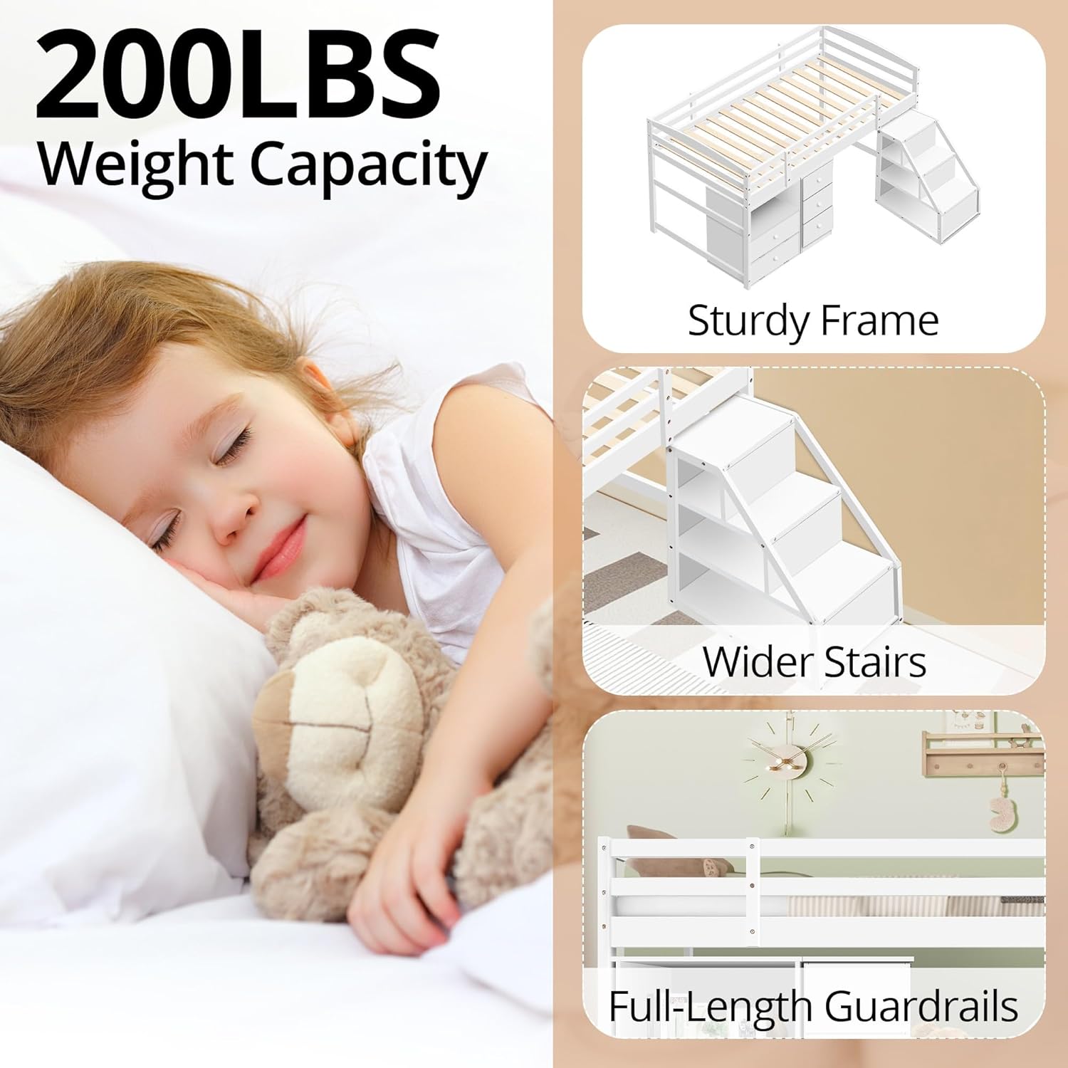 Bed with Pullable Storage Staircase and 2 Cabinet, Wooden Stairway Loft Bed with Drawers and Shelves, Twin Size Bed Frame for Gi