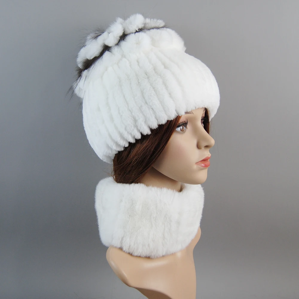Signore Reale Rex Pelliccia di Coniglio Sciarpa Cappello Set Buon Elastico Inverno Donne Caldo Naturale Rex Pelliccia di Coniglio Silenziatore Cap Sciarpe di Pelliccia Reale Cappelli