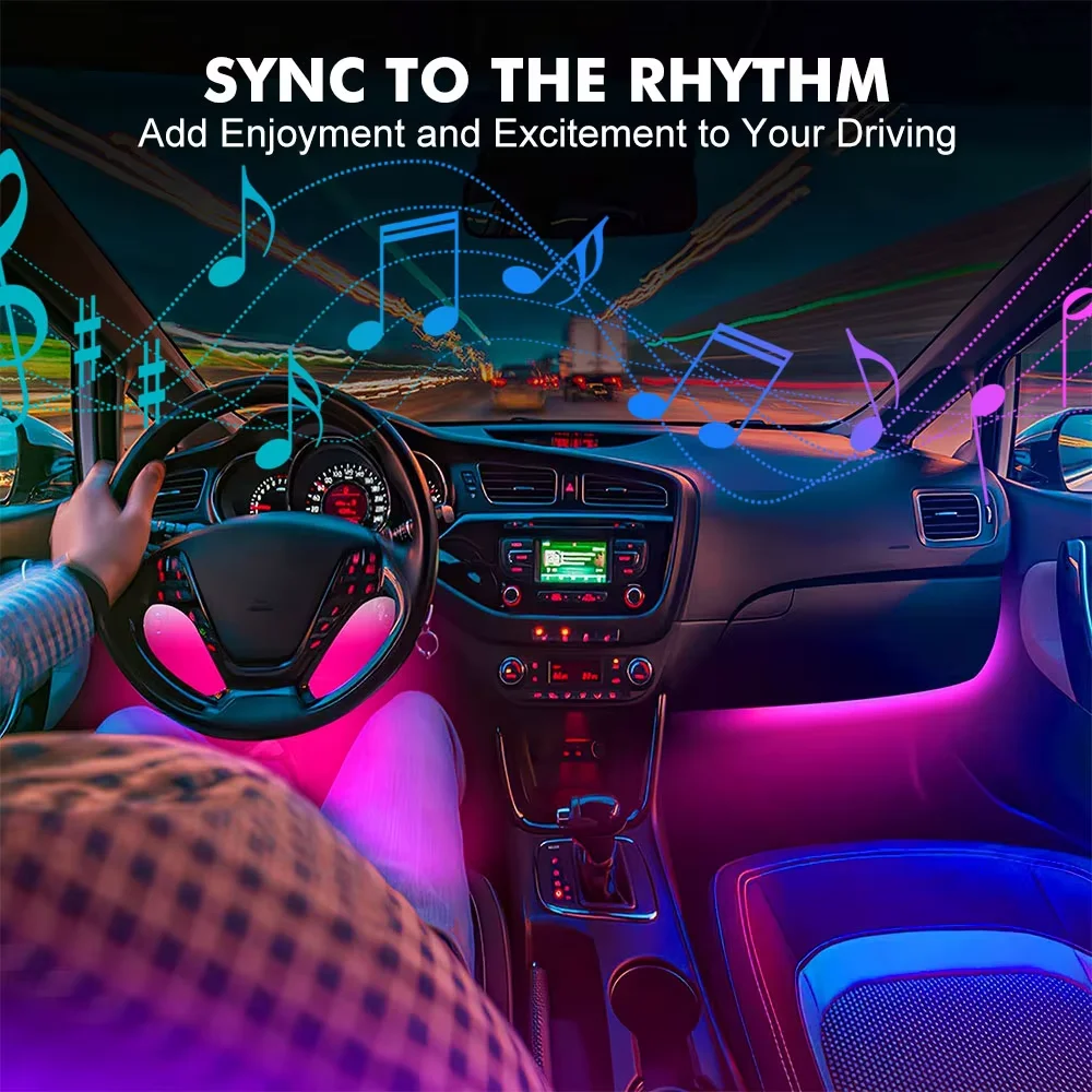 Tira de luces LED de neón para decoración de interiores de automóviles, 48 ​​luces LED RGB multicolores con control remoto y enchufe USB