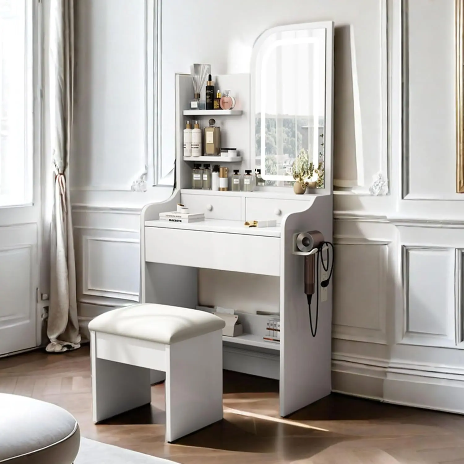 A small dressing table with power socket, a mini white dressing table with mirror and light, and a stool
