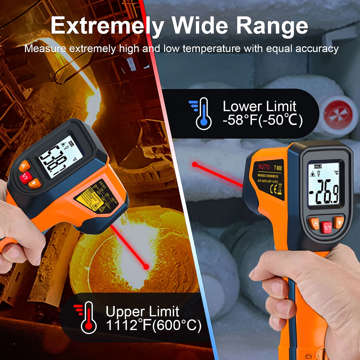 Termometr cyfrowy na podczerwień NJTY T600 T600A -58 ° F do 1112 ° F (-50 ℃   do 600 ℃ ) Profesjonalny przemysłowy laserowy pistolet temperatury