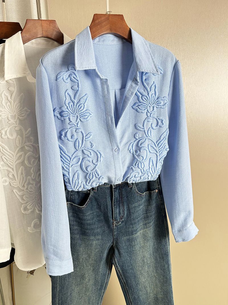 Свободная повседневная рубашка с вышивкой для тяжелой промышленности, белый топ средней длины в ленивом стиле