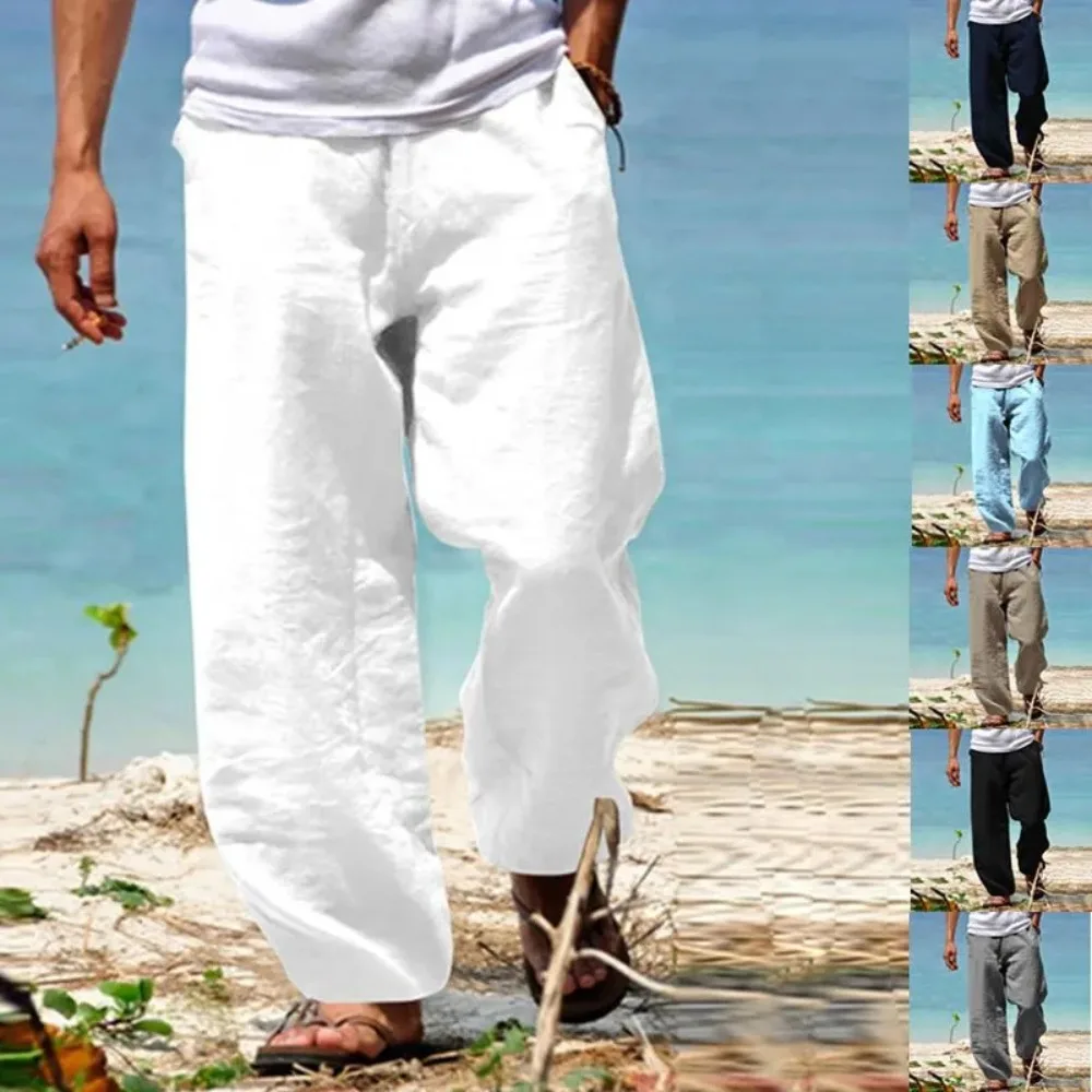 Pantalones de playa para hombre, pantalones rectos sueltos transpirables, ropa informal japonesa de Color sólido de verano para hombre