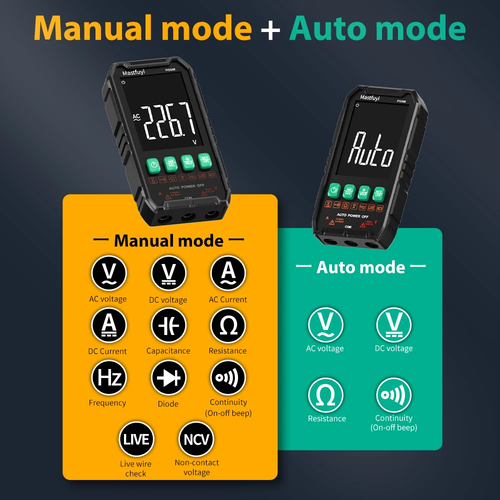 Multímetro Digital profesional MASTFUYI 600V/4A voltaje CA/CC corriente valores eficaces verdaderos rango automático voltios/Amp/Ohm/herramienta de prueba de capacitancia