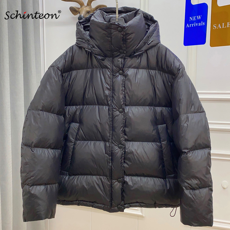 Schinteon Dames Witte Eend Donsjack met Afneembare Kap Warme Herfst Winter Uitloper Eenvoudige Effen Kleur Casual Overmaat Jas