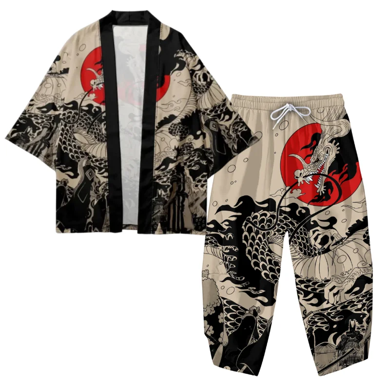 Asian Traditional Japanese Style Dragon And Sun Print Haori Cardigan And Drawstring Long Pants Set Samurai Cosplay Outfit Unisex