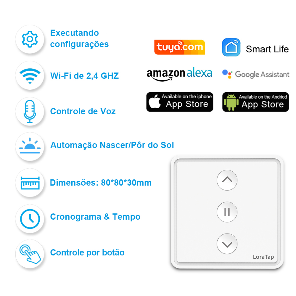 Loratap cortinas de persiana, interruptor de botão tuya smart life, motor elétrico conectado, wi-fi, alexa, google home