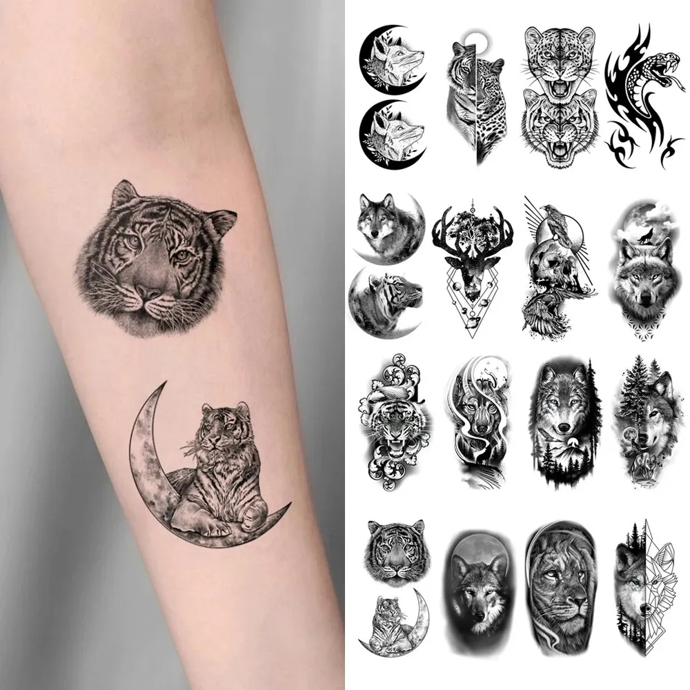 Autocollant de tatouage temporaire imperméable, 10 pièces, loup foncé, Lion, tigre, aigle, serpent, cerf, squelette, Scorpion, Art corporel, bras, femmes et hommes