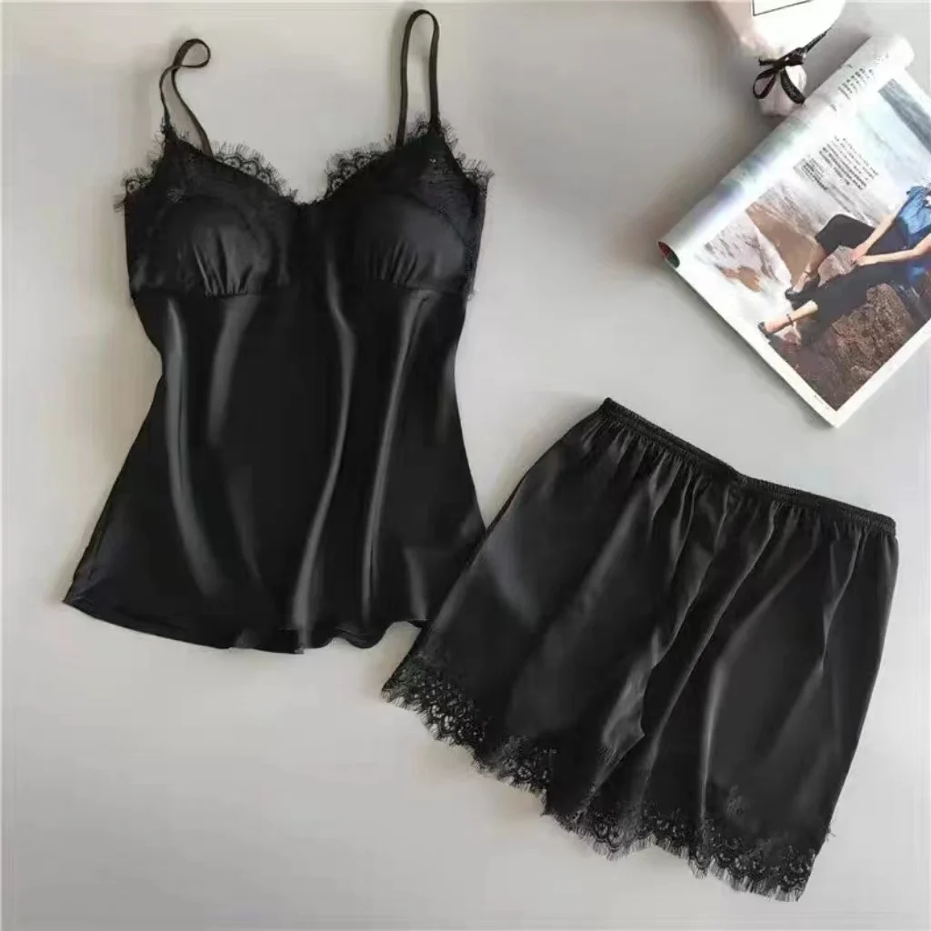 Pijama feminino halter 2 peças camisola e shorts roupa de casa vermelho preto sexy renda s m ventilar conforto