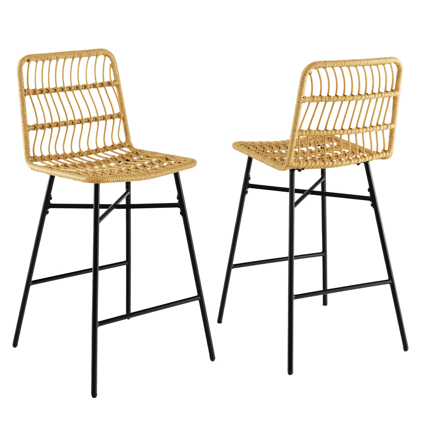2er Set Barhocker, Barstühle Rattan, Sitzhöhe 69 cm, mit Rückenlehne und Fußstütze, Metallrahmen, Tresenhocker für Esszimmer