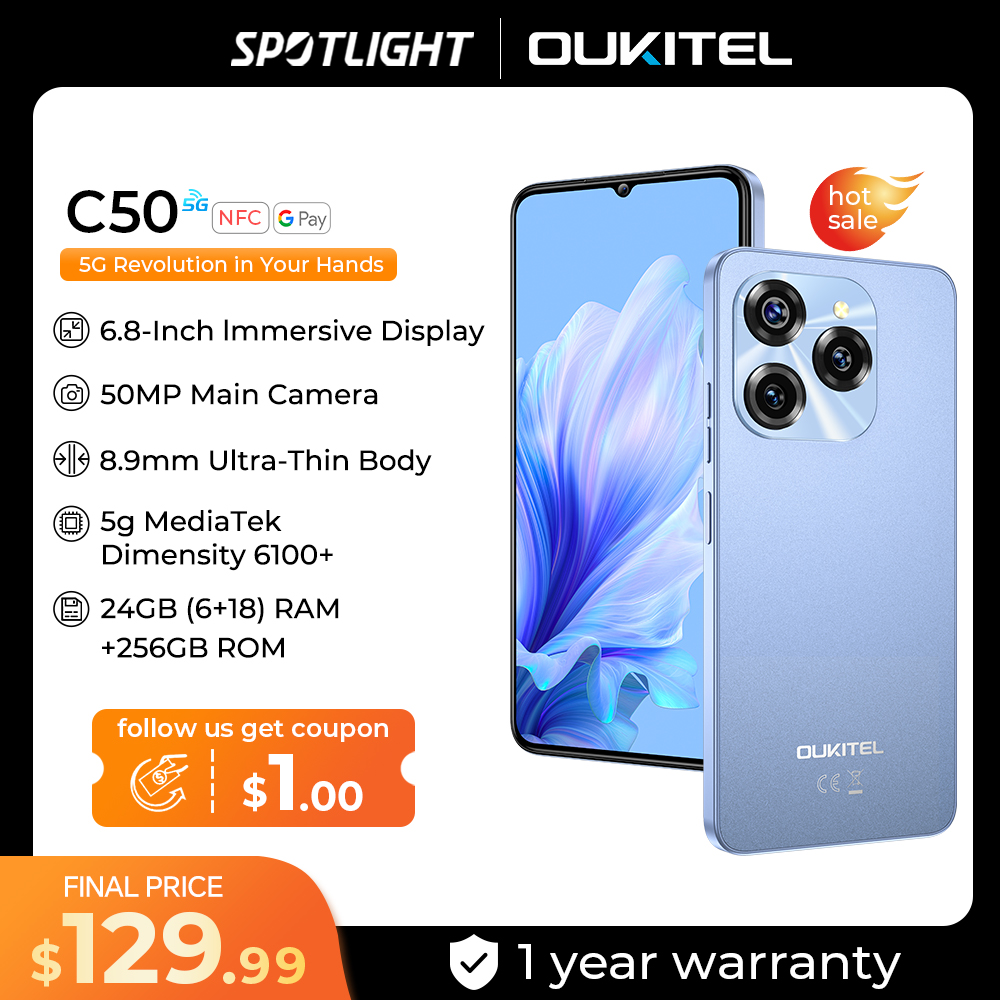 Oukitel C50 5G Smartphone 6,8 "HD + pantalla de gota de agua 5150mAh 24GB + 128GB Teléfono móvil 50 MP Teléfono celular