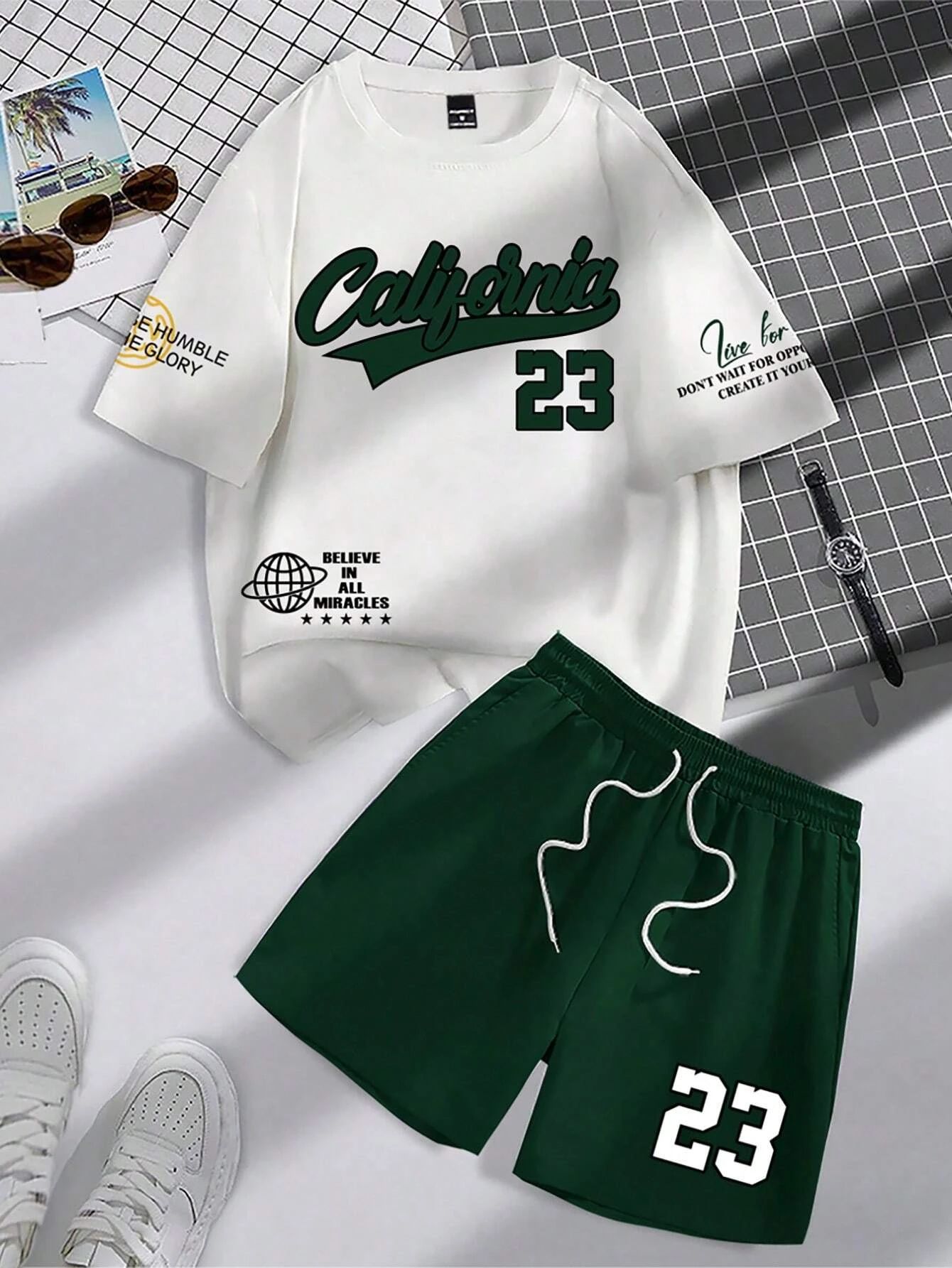 2025 verão nova tendência terno masculino em torno do pescoço manga curta conjunto moda personalizado impressão alfanumérica em torno do pescoço camiseta e shor