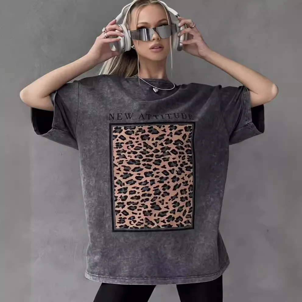Haut mi-long à manches courtes pour femmes, coton gris, motif léopard, mode, nouveau