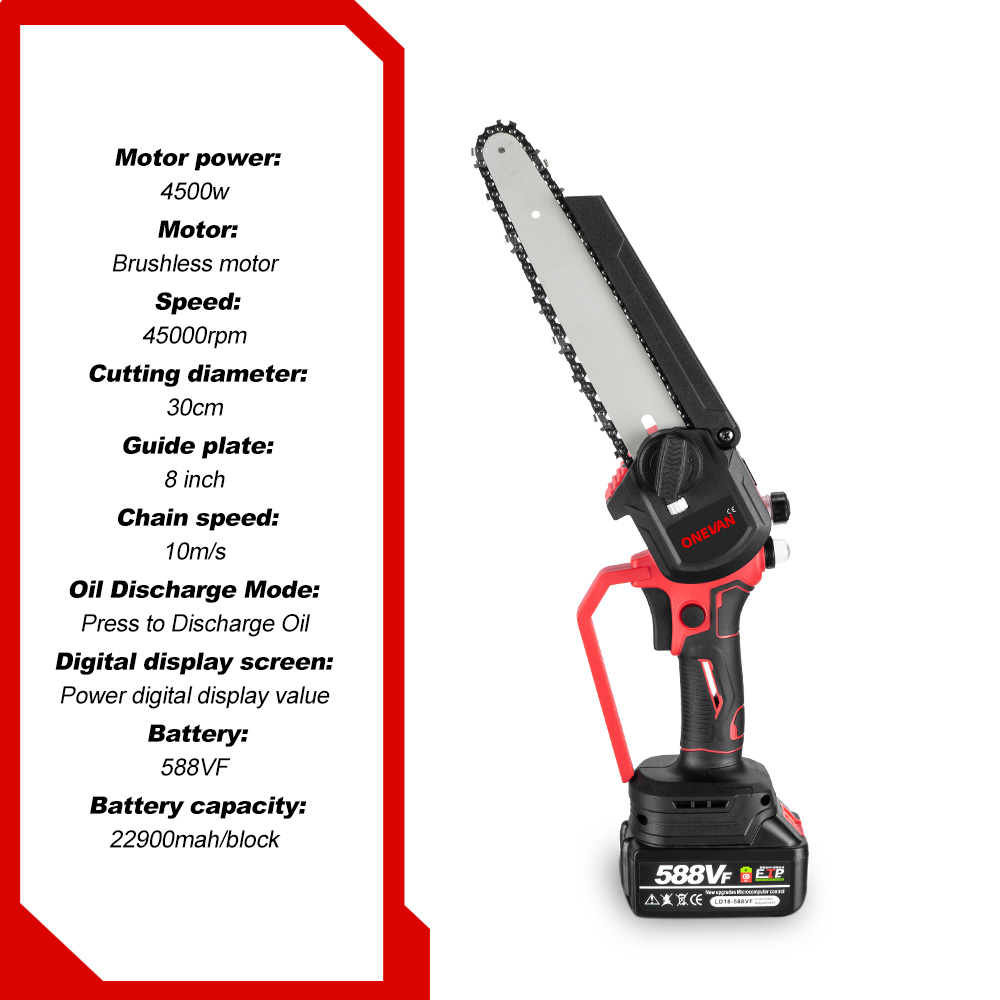 ONEVAN 4500W Borstelloze Elektrische Kettingzaag Draadloze Oplaadbare Handheld Snijden Hout & Pijp Power Tool Voor Makita 18V Batterij pin
