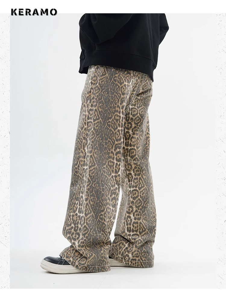 Vintage leopardo impressão jeans feminino primavera oversize casual hip pop perna larga calças tendência cintura alta pantera denim calças senhoras