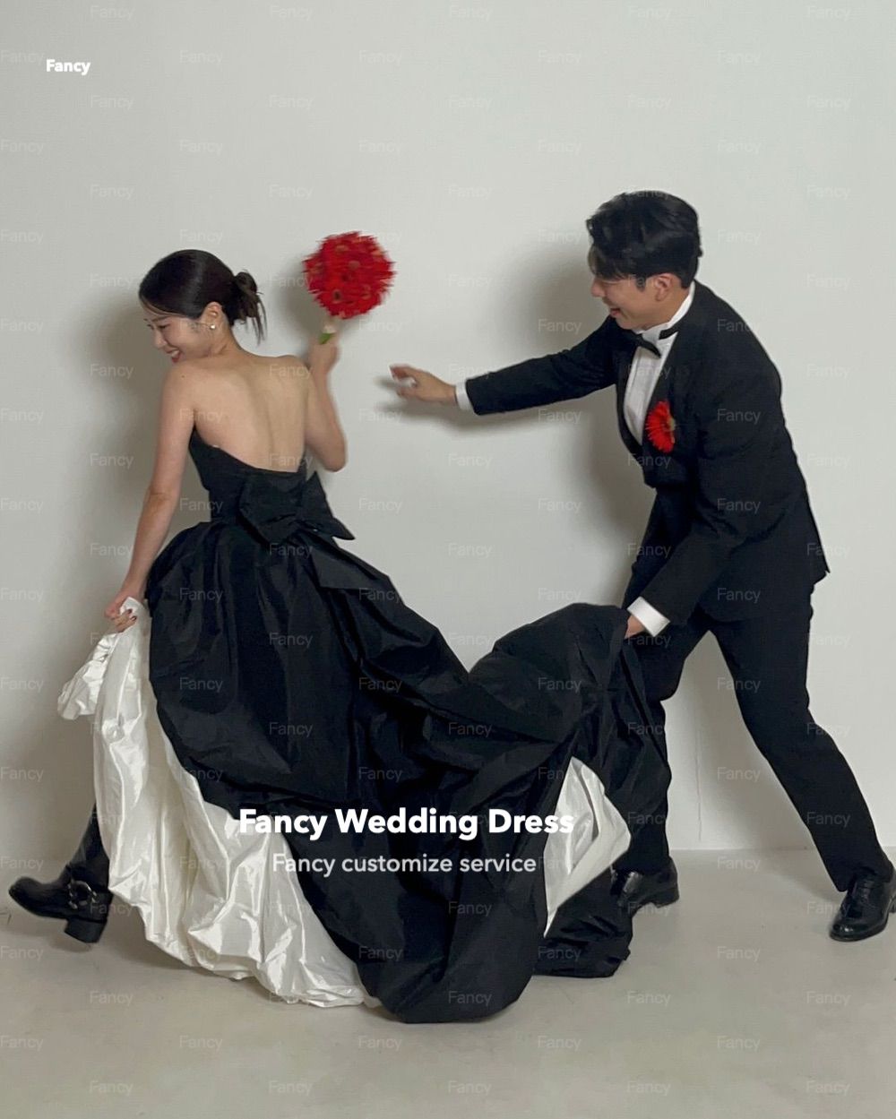 Fancy Korea Especially Strapless Wedding Dress White And Black Taffeta Evening Party Dress A Line Back Bow Customized