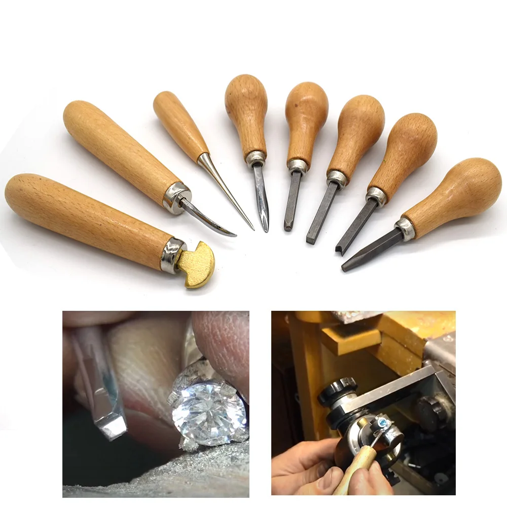 Jewelry Diamond Bezel Set Gemstone Setting Tool Pusher Hand DIY Tool with Wooden Handle