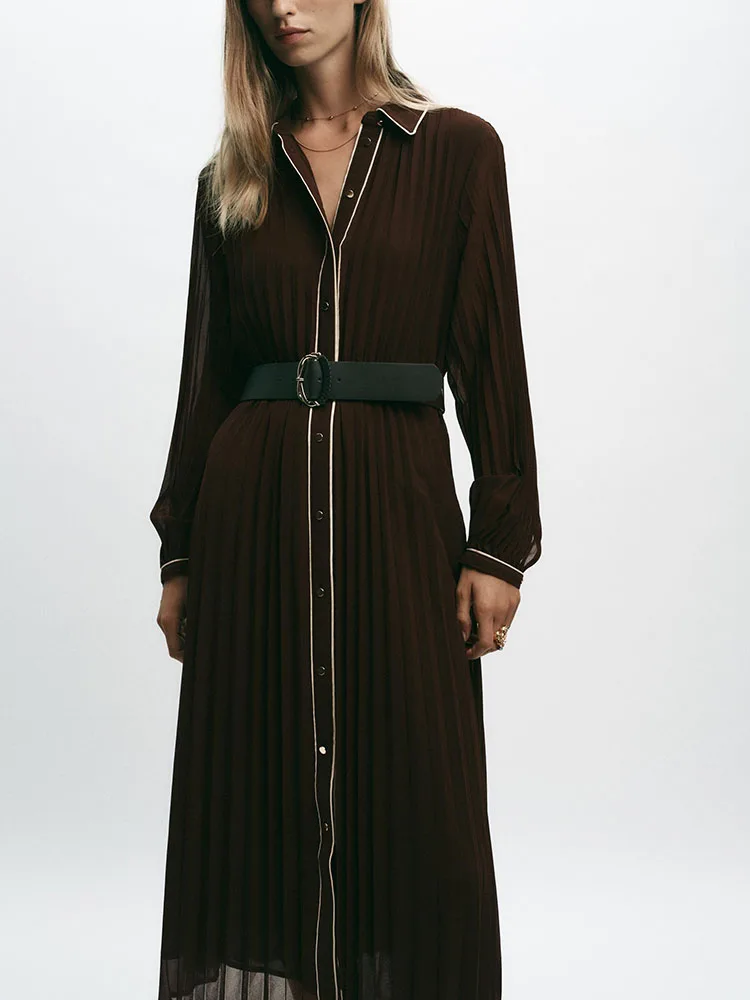 Vestido Midi de Manga Longa Faionável para Mulheres, Nova Chegada de Outono, Vestido Psado com Cinto, Estilo E e ...