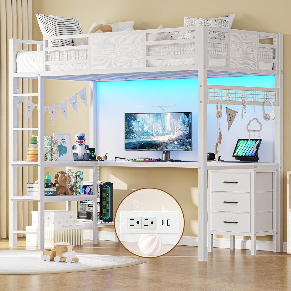 Twin Loft Bed with L-Shaped Desk, Metal Twin Size Bed Frame with LED Lights & Charging Sation, 3 Fabric Drawers, 2-Tier Shelves