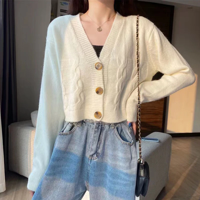 V-ausschnitt Abgeschnitten Strickjacke Frauen Langarm Twist Gestrickte Pullover Mäntel Herbst Winter Warm Halten Koreanische Mode Jacke Strickjacke