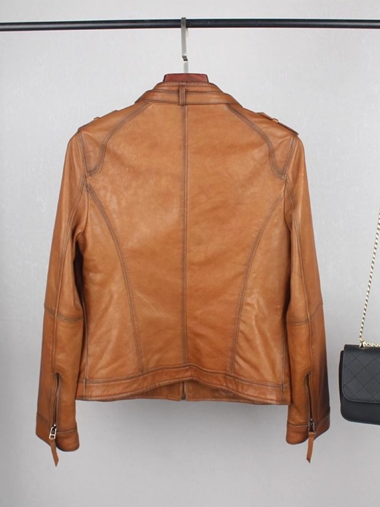 Vintage Real Sheepskin Genuine Leather Motorcycle Jacket Women Spring Autumn Stand Collar Punk Short Coat Street Cargo Jackets