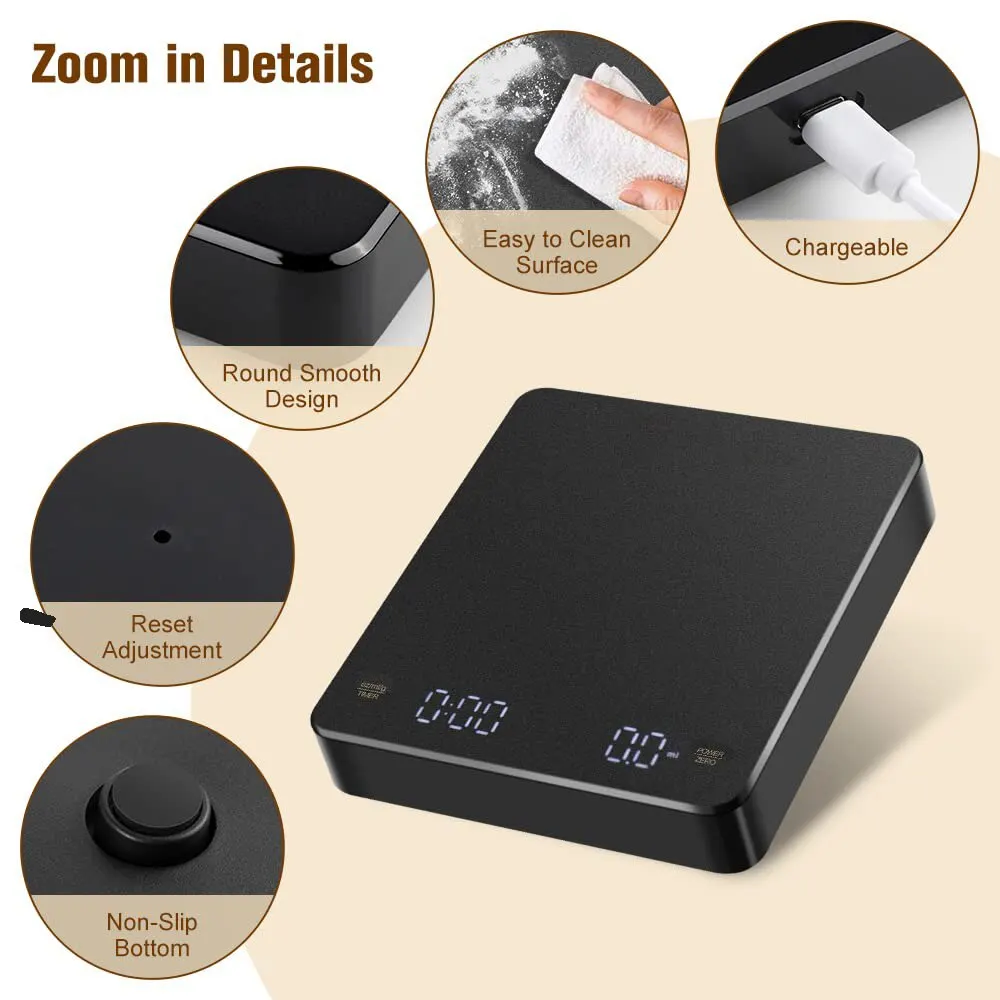 เครื่องชั่งกาแฟดิจิตอลพร้อมเครื่องจับเวลาหน้าจอ LED เอสเปรสโซ่ USB ได้สูงสุด3กก. ชั่งน้ำหนัก0.1ก. ความแม่นยำสูงเครื่องชั่งในครัวออนซ์/มล./กรัม