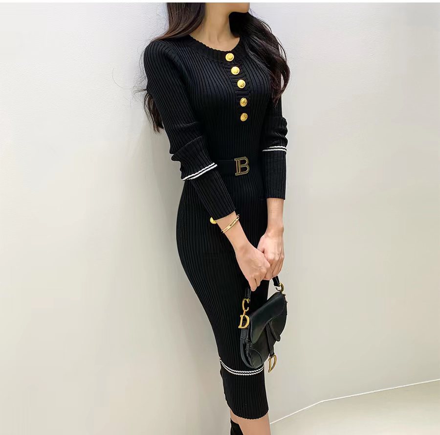 Otoño Invierno mujer vestido de punto marca moda cuello redondo botones ceñido al cuerpo suéter vestido con cinturón señora vestido de oficina